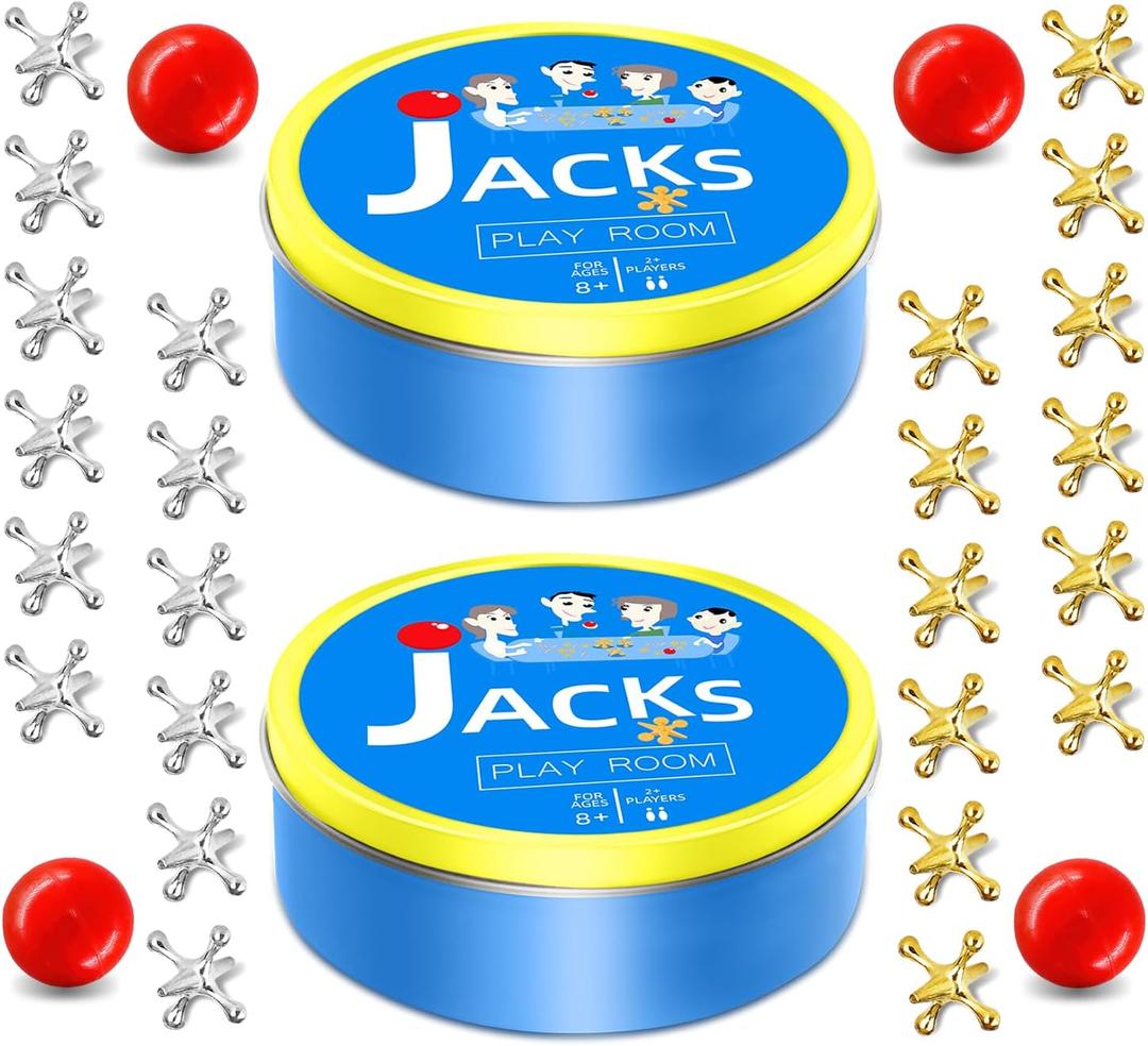 2 Packs Metal Jacks Game with Ball, Classic Jax Game Toy for Kids Adults, Old School Jackstones Games Set (24 Jacks + 4 Balls)