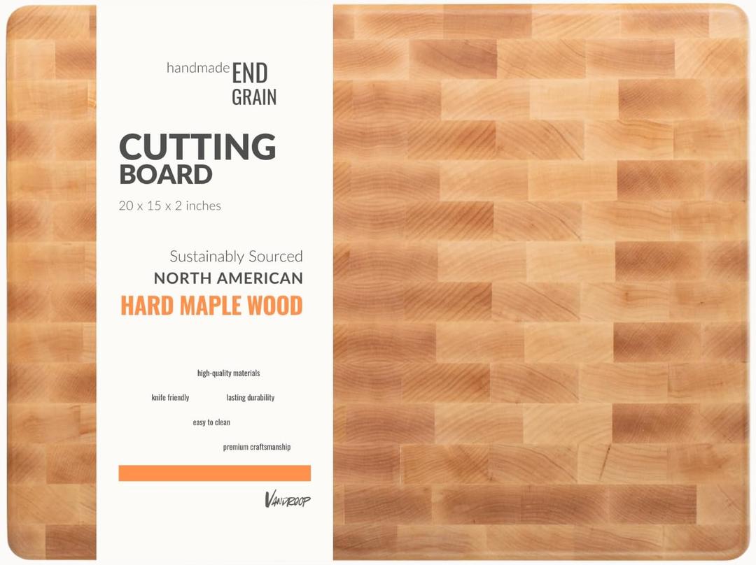 Vandroop Maple End Grain Wood Cutting Boards for Kitchen - 20x15x2 Rectangle Wooden Maple Heavy Butcher Block Kitchen Cutting Board - End-Grain Reversible Chopping Board with Finger Grips