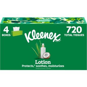 Kleenex Lotion Facial Tissues with Coconut Oil, 4 Flat Boxes, 180 Tissues Per Box, 3-Ply