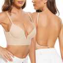 Low Back Bras-Seamless Deep-V Plunge Invisible Backless Bra-Underwire Lightly Lined Multiway Halter Bra Low Cut Bra (Beige), 38B