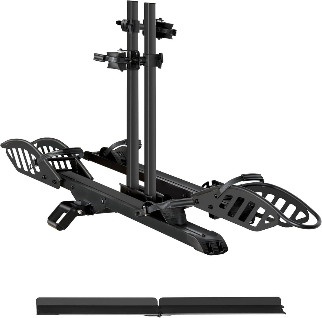 E-Bike Rack with Ramp, Hitch 2 Bike Rack, 200 lbs Capacity Electric Bike Carrier, Foldable Platform Mount for Cars, Trucks, SUVs, Minivans, Up to 5-Inch Fat Tire for 2'' Receiver (EZ-FOLD 2-EBIKE RACK WITH RAMP)