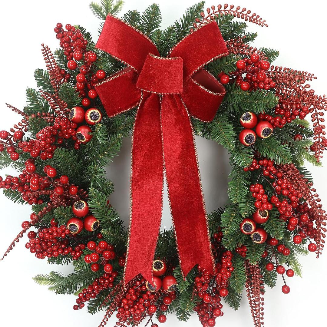 24 Inch Christmas Wreath for Front Door Artificial Christmas Wreath Decor with Pine Needles,Berries,Bow,Red Decorations Accents, Perfect for Indoor/Outdoor Christmas Decor(with Hook)