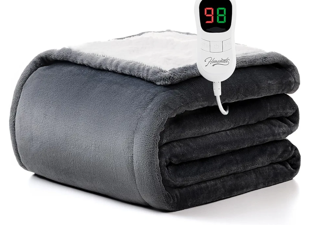 Homemate Heated Blanket Electric Throw - 50"x60" Heating Blanket Throw 1/2/4/6/8 Hours Auto-Off 10 Heat Level Over-Heat Protection Flannel Sherpa ETL Certification, Light Grey