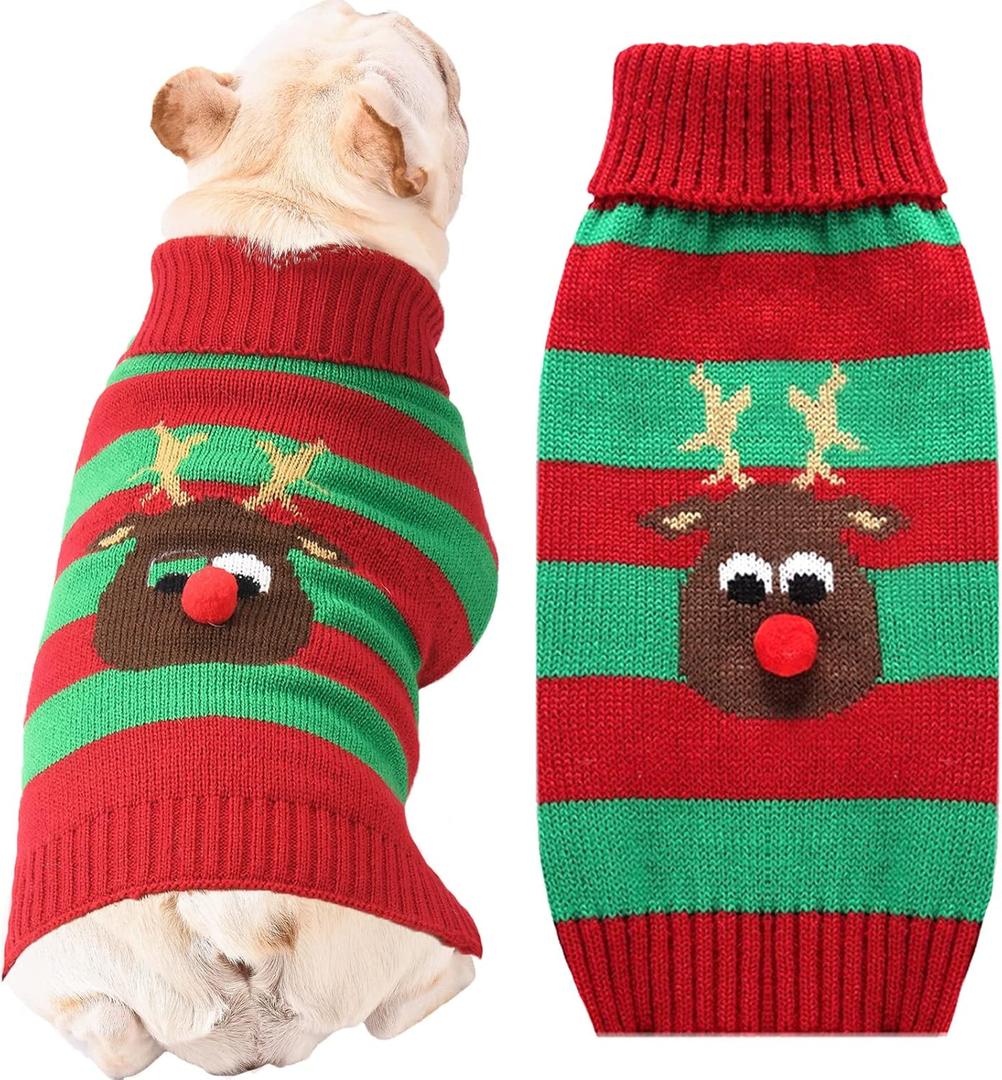 Dog Cat Christmas Sweater Boy Girl Ugly Reindeer Xmas Pet Clothes Holiday Puppy Costume New Year Gifts for Small Medium Large Dogs Outfits (L, Red Green Stripe Reindeer)