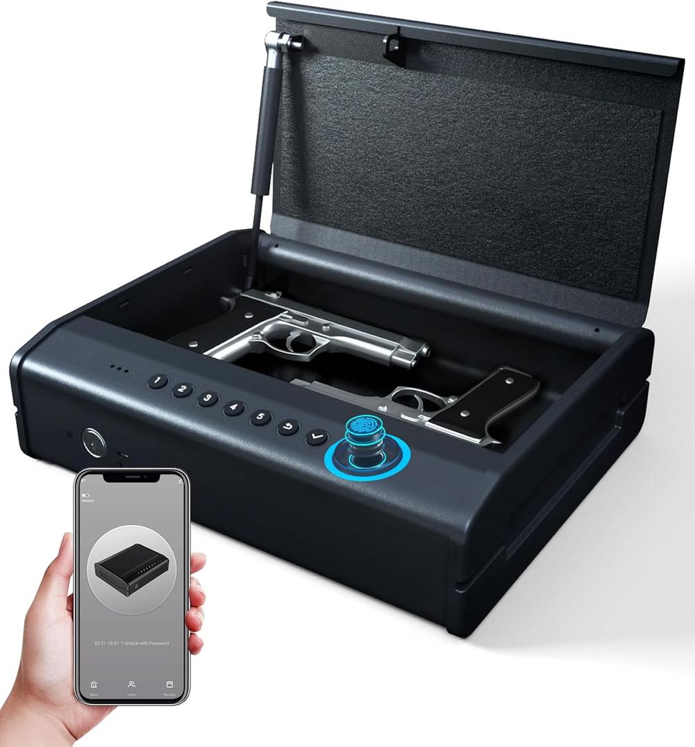 Gun Safe, Biometric Gun Safes For Handgun, Pistol Safe With Fingerprint or Keypad, 4-Quick Access Unlock Gun Case for Firearm, Gun Lock Box For Nightstand Beside with APP (Large Size)
