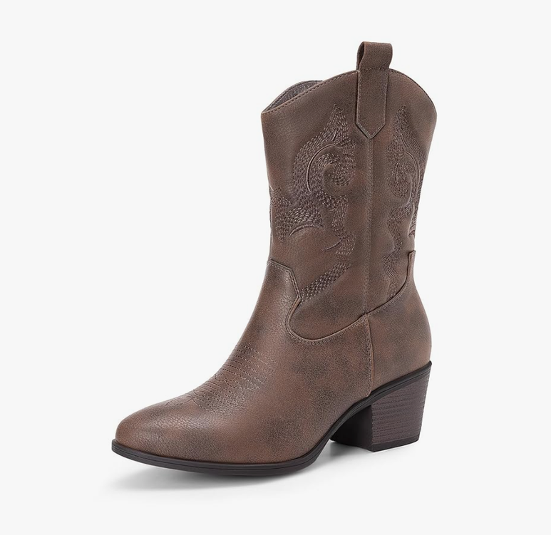 DREAM PAIRS Cowboy Boots for Women, Mid Calf Cowgirl Boots with Embroidery Round Toe Western Chunky Low Heel Shoe, Size 7, Brown  