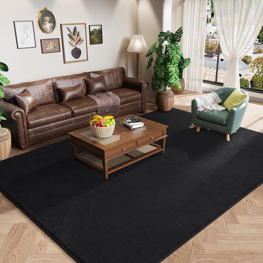 Amearea Large Modern Area Rugs for Bedroom Living Room, 8x10 Feet Black Thickened Memory Foam Rug, Fluffy Indoor Washable Rugs Non Slip Minimalist Carpet for Boys Girls Dorm Nursery Room Decor