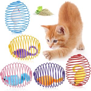 Jecery 5 Pcs Cat Spring Balls Toys Stretchable Rolling Balls Colorful Playful Coils Interactive Action Toy Caged Rats for Kitten Pet Supplies (Catnip Rats,Multicolor)