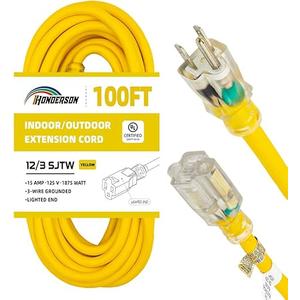 Indoor Outdoor Extension Cord Weatherproof with Lighted End, UL Listed, 12 Gauge 100FT Yellow 3 Prong Heavy Duty, 12/3 SJTW 15A Power Cord for Outdoor Lights, Lawn. 100' 14/3 YELLOW EXT Cord W/Lok ECPL511735