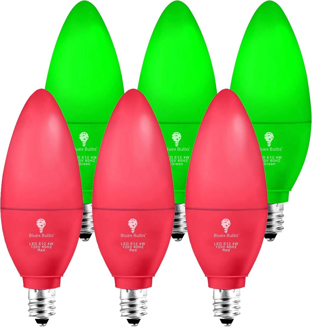 6 Pack LED Candle Red Green Light Bulb - 4W (40Watt Equivalent) - E12 Base Red Green LED Bulb, Party Decoration, Porch Holiday Lighting, Candelabra Bulbs Non-Dimmable (6 Pack, Red-green)