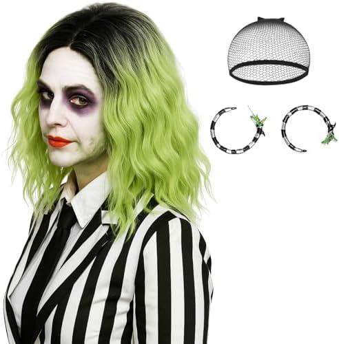 Wiggy Mermaid 14'' Short Ombre Green Wig Women + Earrings Accessories, Shoulder Length Wavy Green Bob Wig St.Patrick's Day Wig + Cap for Halloween Costume Party Cosplay