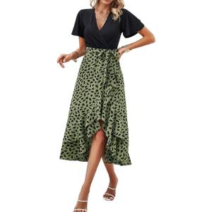 Sundresses for Women, V-Neck Short Sleeve Casual Boho Floral Dress, Ruffle Hem Split with Belt for Beach (Medium, Green)