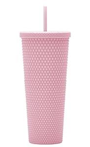 24oz Fully Studded Tumbler.Matte Light Pink Studded Tumbler with Lid and Straw.Reusable Double Walled Insulated Travel Tumbler.Plastic Acrylic Pastel Colored Tumbler Cup for Iced Coffee Smoothie.