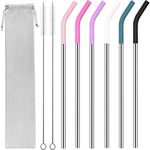 40 oz Stainless Metal Straws for 40 oz Stanley Tumbler, 6Pcs Reusable Straight Long Steel Straws with 12 Silicone Tips and 2 Straw Cleaning Brushes(6Color2, 40oz)