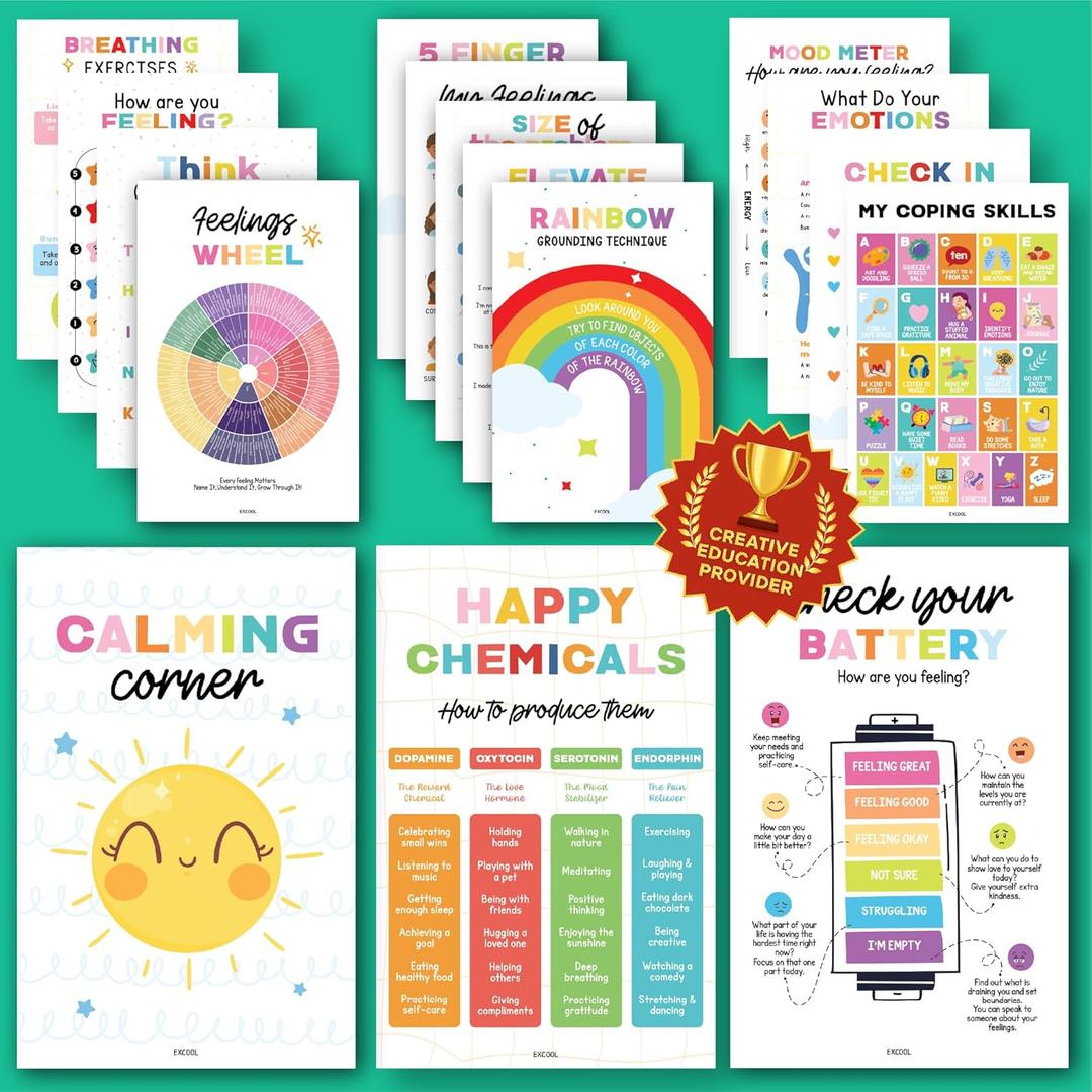 EXCOOL CLUB 16 Toddler Calming Corner Posters For Classroom Decor - 11x17 Feelings Chart For Kids, Calming Posters For Kids Calm Down Corner Supplies, Emotions Poster Classroom Must Haves For Teacher