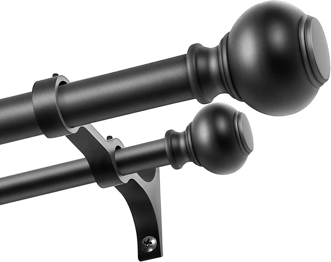 1 Inch Double Curtain Rods 36 to 72 Inches, Adjustable Telescoping Window Drapery Rod, Dual Heavy Duty Curtain Rods with Iron-Finials for Sliding Glass Door, Patio, Bedroom, Kitchen, Matte Black