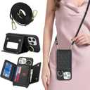for iPhone 15 Pro Max Case with Card Holder and Strap for Women,Crossbody Lanyard, Make Up Mirror,Ring Stand,Snap Clasp,Cute Phone Wallet Cases 6.7 inch - Black