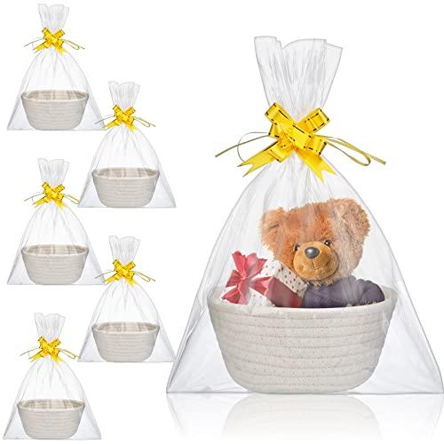 Tatuo 6 Sets Small Gift Baskets Empty Bulk Woven Cotton Basket with Bags Ribbons Easter Rabbit Candy Eggs Basket for Easter Birthday Wedding Graduation Gift(7.5 x 6.9 x 2.9 Inches)