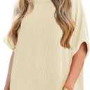 Tankaneo Womens Oversized T Shirts Summer Casual Ribbed Batwing Short Sleeve Tunic Tops Loose Fit Dolman Sleeve Tees (Beige) Large 