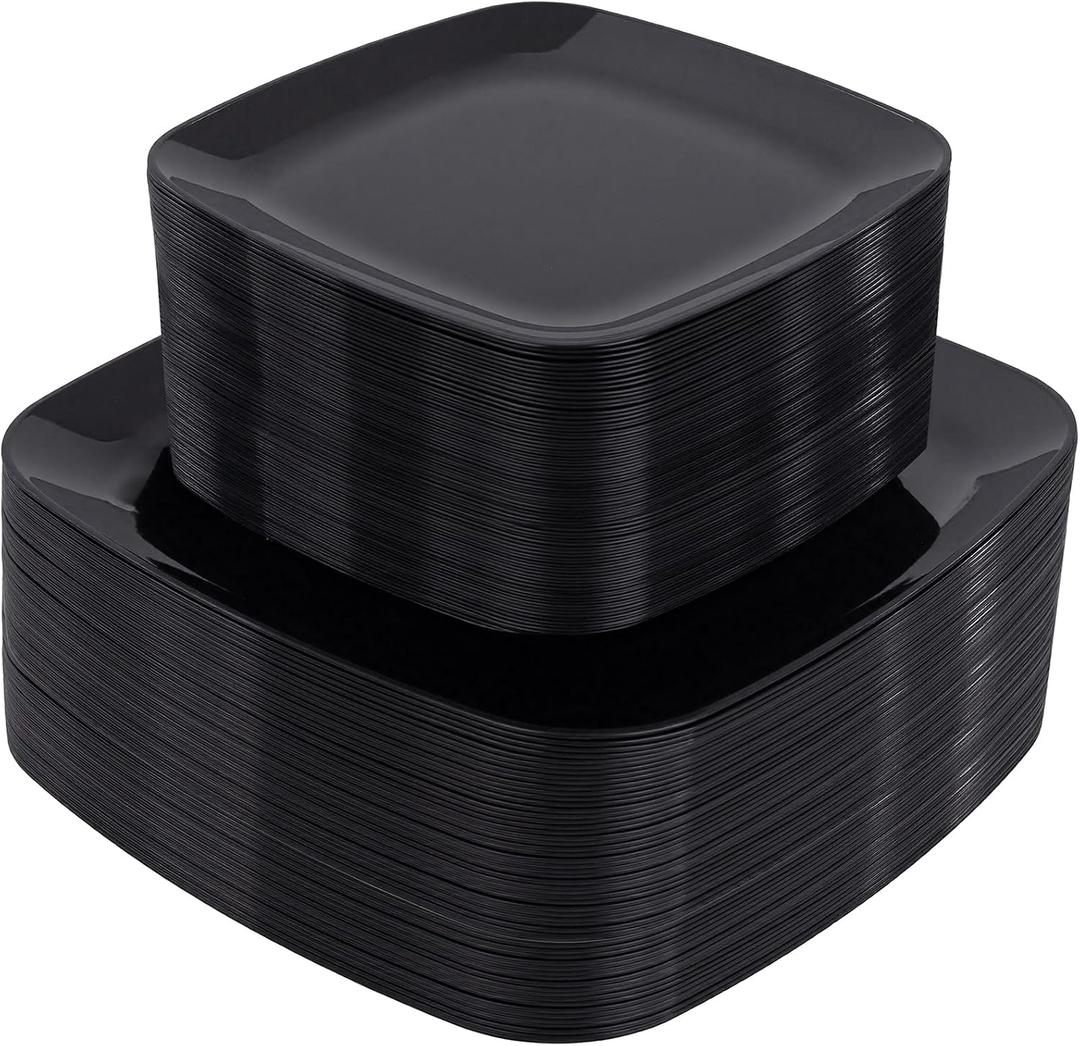 PULOTE 100 PCS Black Square Plastic Plates Disposable - Include 50 Each (10" Dinner & 7.25" Dessert) Plates - Ideal for Party & Graduation