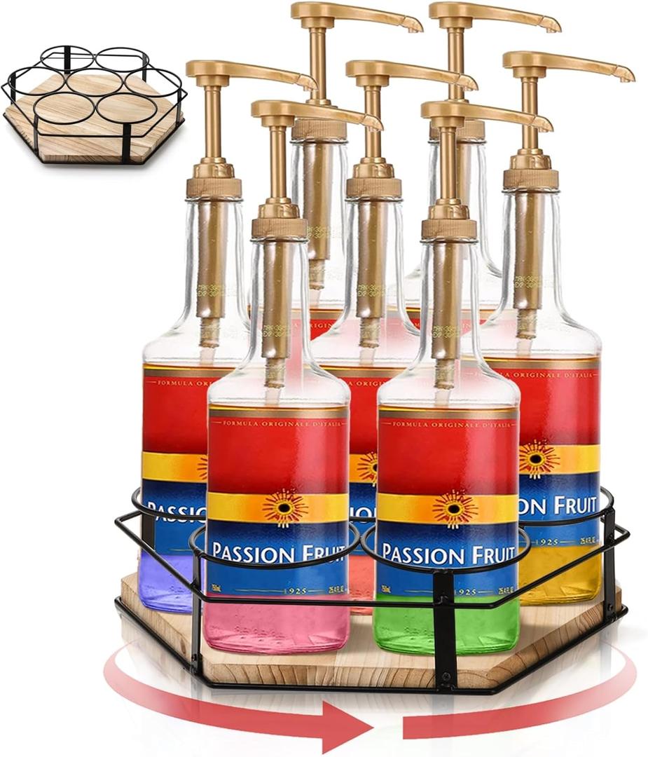 7 Bottles Rotating Syrup Rack, Countertop Coffee Syrup Organizer Stand, Syrup Bottle Storage Holder Spinner, Turntable Wine Display Lazy Susan Tray for Coffee Bar, Kitchen, Pantry