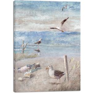 Pyradecor Bathroom Decor Blue Beach Seaside Seagull Picture Perching Bird by The Seashore Coastal Ocean Canvas Wall Art for Laundry Room Bedroom Living Room Decoration (16"L x 12"W)