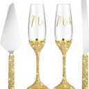 Sratte 4 Pcs Wedding Cake Knife and Champagne Flutes Server Set, Toasting Crystal Rhinestone Champagne Flutes Glasses Cake Knife Pie Server Wedding Gifts for Couple Bride Groom(Gold)