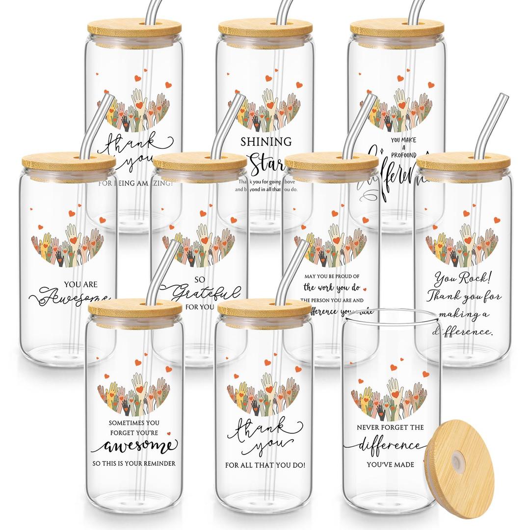 LemonRoad 10 Pcs Volunteer Appreciation Month Gifts 16oz Drinking Glasses with Lids and Straw Thank You Cups Gifts for Volunteer Employees Staff Coworkers Office