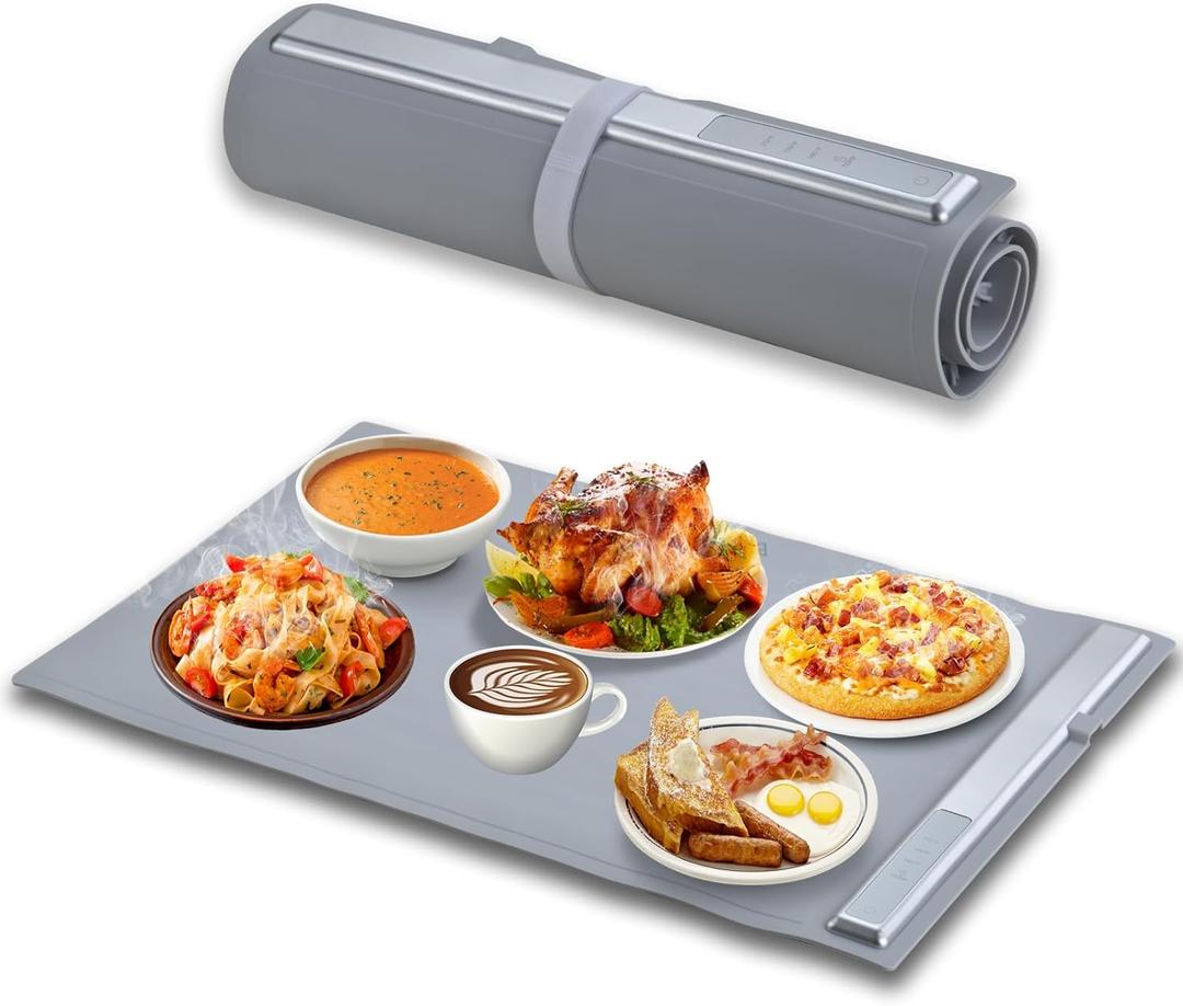 Electric Warming Tray, Roll up Silicone Food Warming Mat with 3 Temperature Settings and Full Surface Heating, Easy to Clean & Store, for Family Gathering, Dinner or Party (Grey)