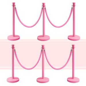 Velvet Pink Stanchion Set – 6 Stanchion Posts and 4 Pink Ropes Crowd Control Rope Safety Barriers Kit for Events Weddings Red Carpet Poles Ropes Set
