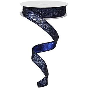 5/8 Inch Glitter on Metallic Ribbon, Wired - 10 Yards (Navy Blue)