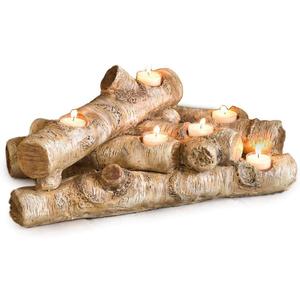 Plow & Hearth Faux Birch Wood Resin Logs Candle Holder for Fireplace | Romantic Ambiance Without Heat or Mess | Holds 8 Tea Lights| Realistic Sculpted Logs | 18" L x 10.5" W x 8" H (Birch)