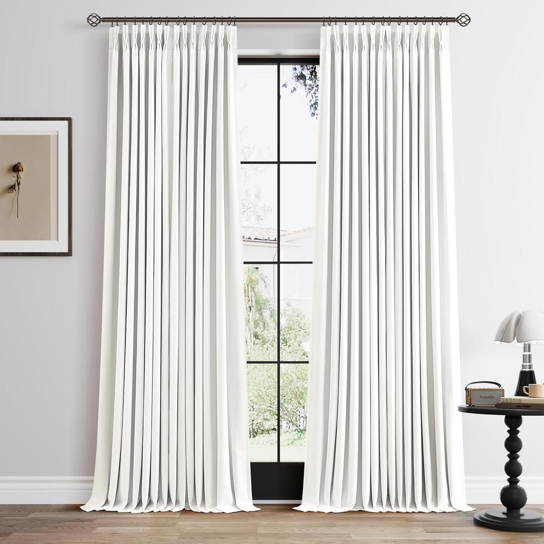 Off White 100% Blackout Pinch Pleated Linen Curtains 90 Inch Length 2 Panels for Living Room Bedroom 2 Layer White Light Blocking Thermal Insulated Pinch Pleat Room Darkening Curtains 90 Inches Long
