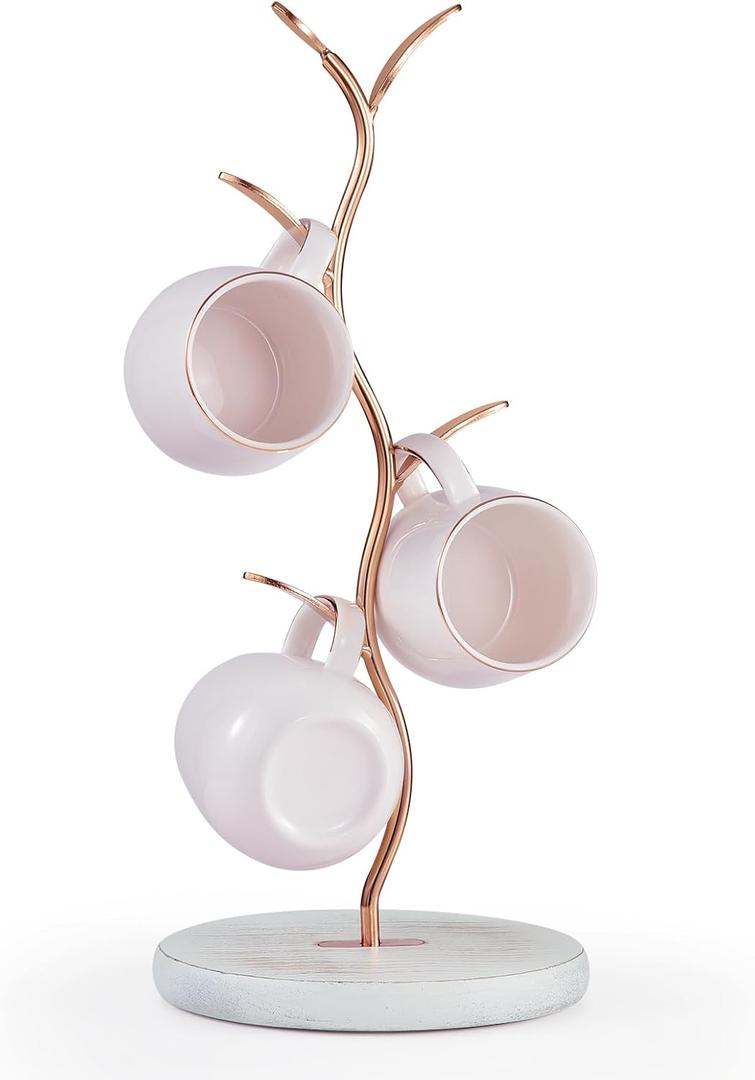 Mug Holder, Countertop Mug Tree, Coffee Mugs & Tea Cup Storage Rack, Coffee Counter Bar Accessory & Kitchen Organizer (Light rose gold and vintage white)