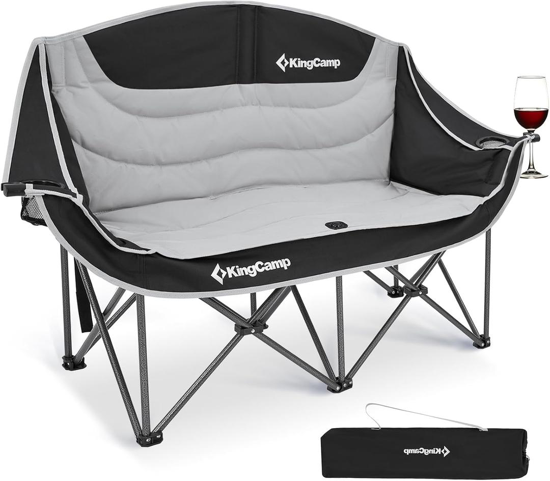 KingCamp Double Camping Chair, Oversized Heavy Duty 550lbs Loveseat for Adults Portable Folding XL 2 Person Couch Padded Comfortable Two Seat with Cup Holder for Outdoor Lawn Backyard, Black/Grey