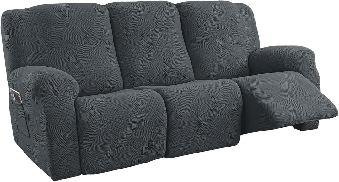 5-Piece Stretch Geometric Recliner Sofa Cover, 3 Seater, Navy Blue | Side Pocket, Fits 72"-99"Wide Reclining Couch,Pet-Friendly Protector,Jacquard Fabric,Machine Washable,Furniture Protector, Dark Gray, 72-99in (3 seater)