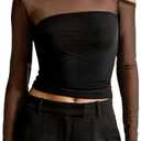 Off The Shoulder Tops for Women Y2k Going Out Long Sleeve Crop Top Trendy Mesh Sheer Sexy Shirts Blouses (Medium, Black)