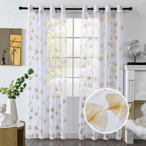 Gold Foil Print Voile Sheer Curtains, Leaves Grommet Top Window Drapes 90 Inches Long, Luxury Metallic Bronzing Treatment Panels for Home Window Decoration, 2 Panels