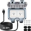 Outdoor Power Outlet Box with 32.8Ft Extension Cord, NEMA 5-15R, STW 14 AWG, Weatherproof Waterproof IP66 Electrical Outlet Extender, Exterior Wall Power Socket w/Cover for Garden
