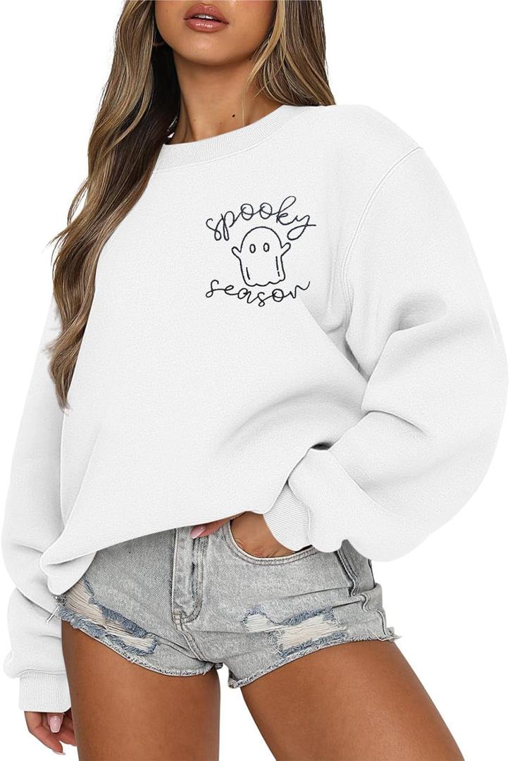 Fiscrat Halloween Spooky Season Oversized Sweatshirt Women Cute Ghost Sweatshirts Fall Embroidered Sweater Pullover Top (XX-Large, White)