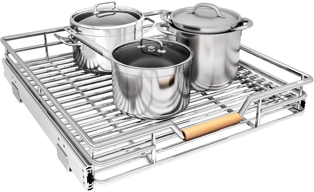 Pull out Cabinet Organizer, 18"W X 21"D, Heavy Duty Smooth Sliding Under Cabinet Shelves for Pots and Pans, Full-Extension Roll out Drawers, Slide out Organization for Home Kitchen Pantry (Chrome)