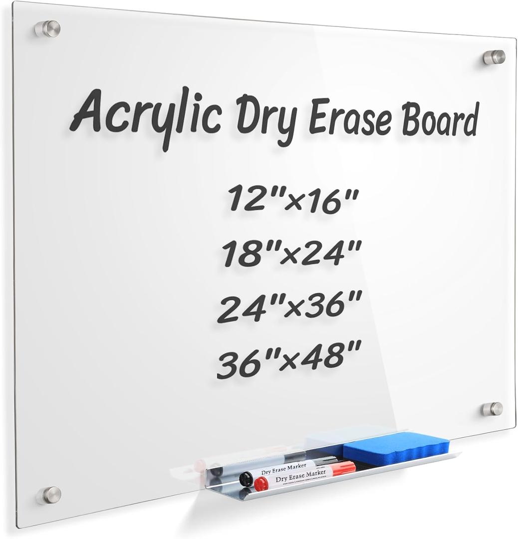 Acrylic Clear Non-Magnetic Dry Erase Board for Wall,White Board 24x 18, Frameless Dry Erase Board for Office, Classroom and Home/for Kids, Students, Adults.4560C