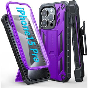 FNTCASE for iPhone 15 Pro Case: with Belt-Clip Holster & Built-in Screen Protector & Kickstand, Full-Body Dual Layer Heavy Duty Rugged Military Shockproof Protective Cell Phone Cover 6.1 inch-Purple