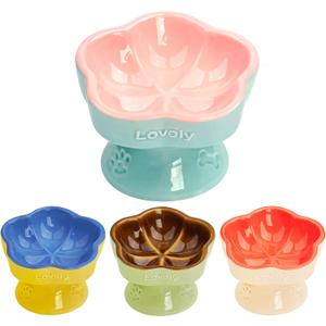 S&Q's CERAMICS Raised Cat Bowl, Elevated Cat Bowl for Food and Water, Ceramic Titled Dish, Anti Vomit & Whisker Friendly, Microwave and Dishwasher Safe (Pink, 5.8")