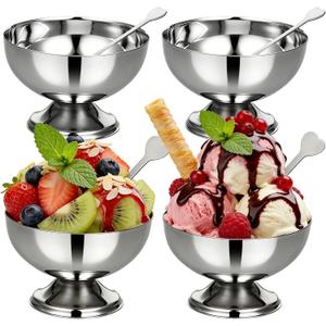 4PCS Small Stainless Steel Ice Cream Cups,5.5OZ Silver Dessert Bowls with Forks Small Metal Footed Cup for Serving Salad Summer Luau Party Supply,Coupe Glasses for Sundae Fruit Ice Cream Pudding Sauce