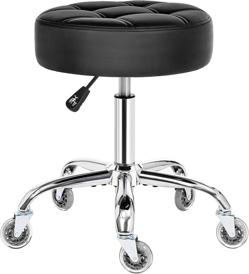 BEWISHOME Rolling Stool with Wheels, Adjustable Stool Heavy Duty 450lb, 360 Swive Rolling Chair for Massage Spa Medical Tattoo, PU Thick Seat Padding Salon Chair(Black) BYD01B