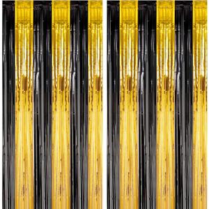 Voircoloria 4 Pack Black and Gold Foil Fringe Backdrop Curtains, Tinsel Streamers Birthday Party Decorations, Fringe Backdrop for Graduation, Baby Shower, Gender Reveal, Disco Party