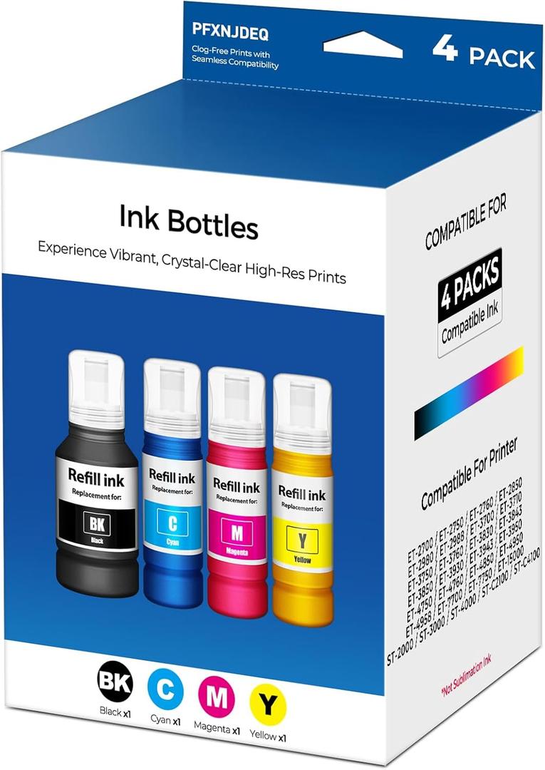 Compatible for EPT502 Ink Refill Bottles 4-Pack Replacement for ET-2850 ET-3850 ET-4850 ET-15000 Ink Refill for ET 2850 ET 3850 ET 4850 ET 15000 ET-2980 ET-2760 ET-3843 ET-3950 ET-4950 ET-3760 Printer