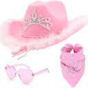 Ricawa 2 PCS Pink Cowgirl Cowboy Hat with Heart Sunglasses Bandana Pink Cowgirl Christmas Costume Accessories for Girls Women