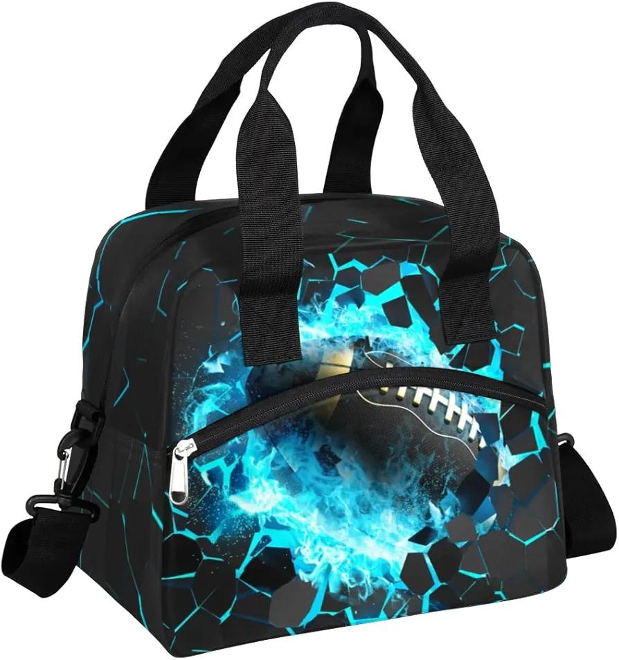 3D Light Rugby Boys lunch Tote Box Leakproof Insulated Cooler Bag & Meal Prep Kids Lunch Bags with Removable Shoulder Strap For School Picnic Hiking Work Travel